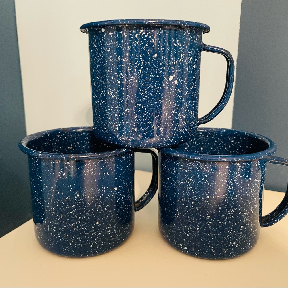 Blue Speckled Enamel Camping Mugs - Set of 3